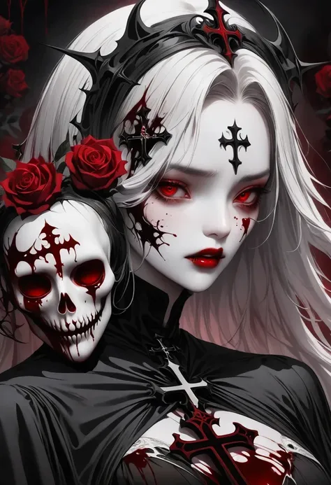 alafd image，one was wearing a black robe、girl holding red roses, blood spatter，blood pool，cross，gothic elements，beautiful goddes...