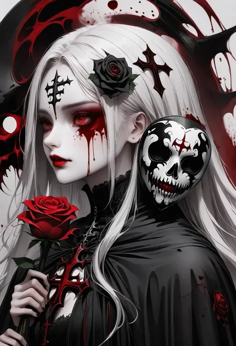 alafd image，one was wearing a black robe、girl holding red roses, blood spatter，blood pool，cross，gothic elements，beautiful goddes...