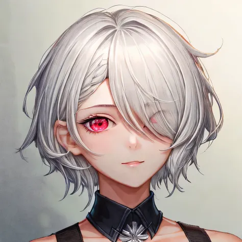 hair covering one eye,short hair,red eyes,soft smile,silver hair,adult