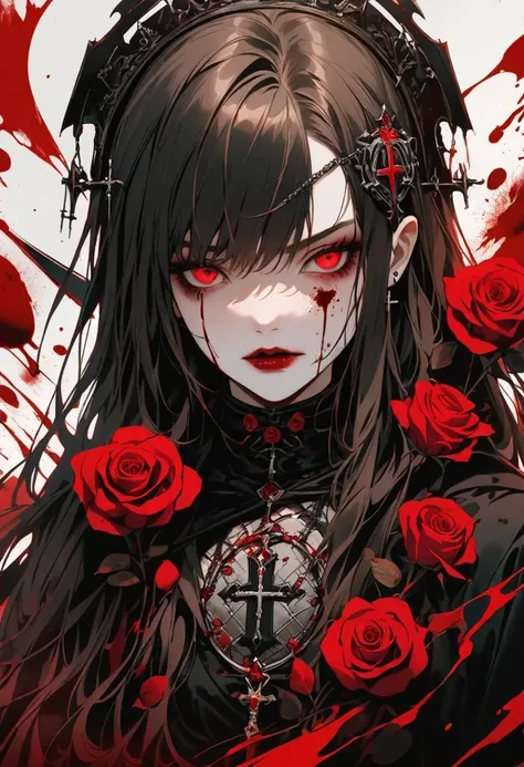 alafd image，one was wearing a black robe、girl holding red roses, blood spatter，blood pool，cross，gothic elements，beautiful goddes...