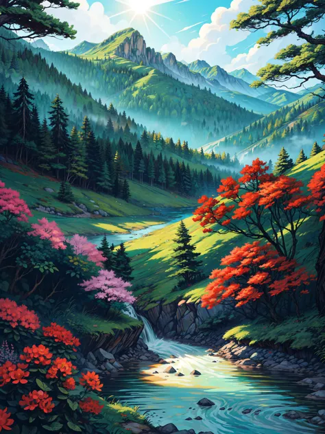 wide view, forest of rhododendron trees, adventure, day light, long grass, green mountains, granite cliffs, big red flowers, ancient trees with big red flowers, zig zag river flowing in background, vast blue sky, light shining on part of foliage, micro lan...