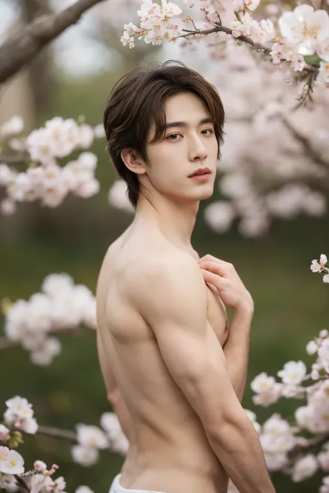 masterpiece,extremely detailed CG unity 8k wallpaper,1boy, beautiful, realistic, blurry, blurry_background, blurry_foreground, branch, brown_hair, plum blossom, depth_of_field, flower, nose, realistic, solo,chinese, completely naked, full body shot 