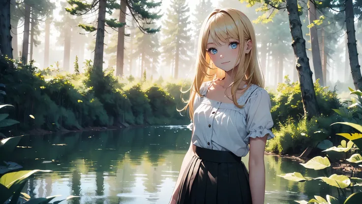 ((masterpiece,best quality,ultra detailed,ultra high res, artificial lake, forest in the distance)), soft realistic focus, Perfect Eyes, dynamic shadows, realistic image, vibrant colors,light leaks,dreamy atmosphere,chiaroscuro,BREAK 
experimental charm, T...