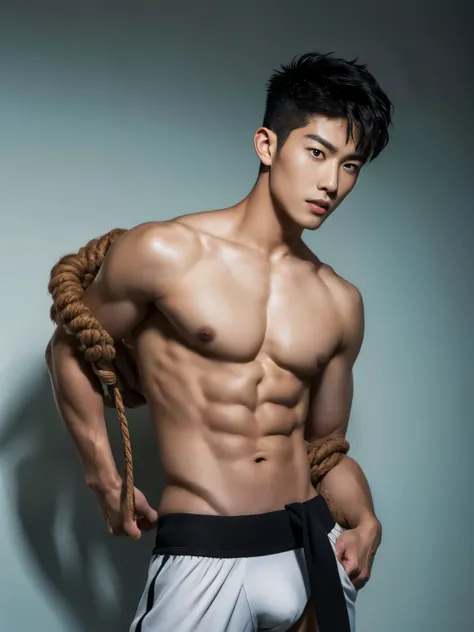 Chinese male actor in a briefs, handsome Chinese guy, handsome man, Full Body Shoot, photoshoot, portrait, look at camera, detailed facial parts, Manly, Charmer, Active Boy, standing, top tied up with rope, rope bondage, strangled with rope, harness, wrapp...