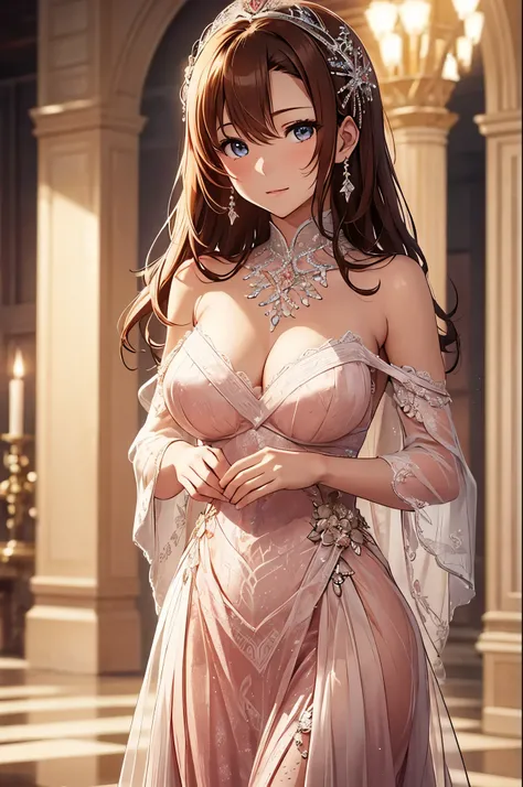 Kousaka honoka,wearing a luxurious dress, exquisitely designed with intricate patterns of light pink lace adorning her body. The dress features a captivating silhouette with sheer sleeves delicately draping over her arms. Her lustrous sun-kissed hair inter...