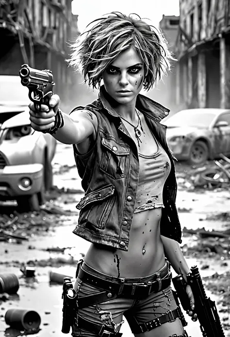 photorealistic, (Masterpiece photo in shades of gray, woman with disheveled hair and tiny post-apocalyptic clothes), cute sexy, holding a gun, in dinamic, splash and explosive, ultra sharp focus, Detailed face, short hair, Beautiful eyes, whole body, high ...