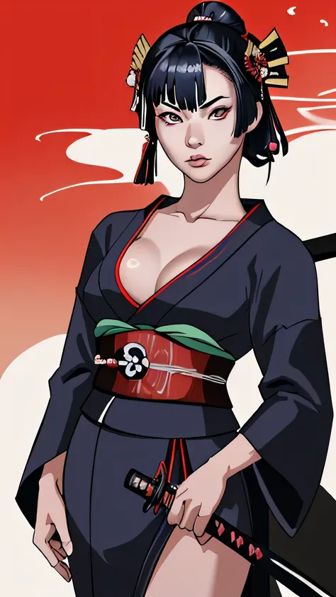 Mujer japonesa con katana, Samurai, tatuaje en el cuerpo, hermosa, rostro detallado, cuerpo completo, kimono sexy corto, ojos lindos