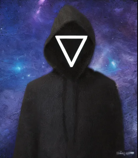 arafed image of a person in a hoodie with a triangle on it, hooded figure surreal, vantablack cloak, strange portrait with galaxy, esoteric clothing, the void people, symmetrical cloaked figure face, mysterious man, the void, vantablack cape, the (void, we...