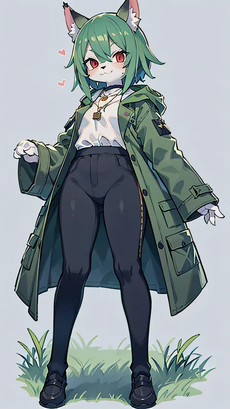 (masterpiece, highest quality), intricate details, 8k, cat ears, whole body, one man, red eyes, Normal body type, grassland, anime, expensive, Dark green hair, green coat and black pants, furry, in the middle, smile, Golden necklace, short hair, Are standi...