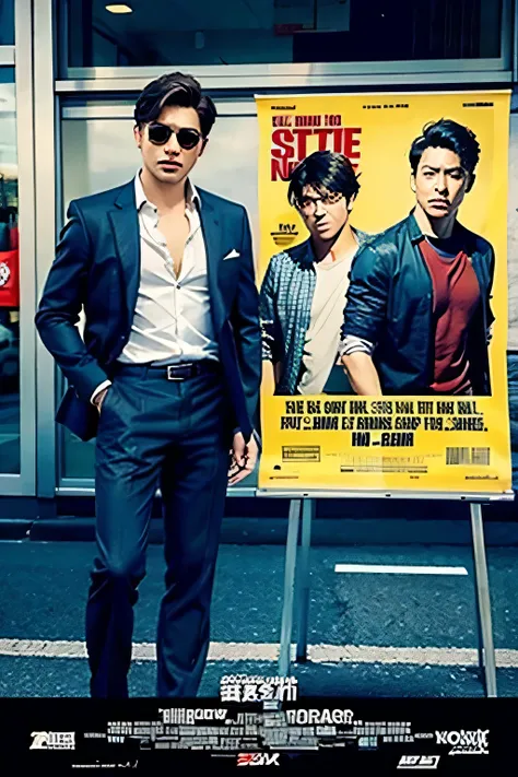 A movie poster poster with men casual shirt and trousers on the right