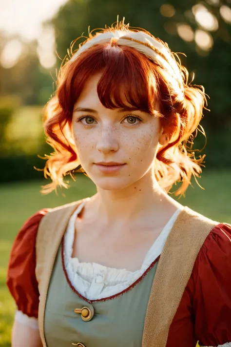 30 year old woman, vivid red hair, freckles, 18th century dress nurse, golden hour light, french victorian era