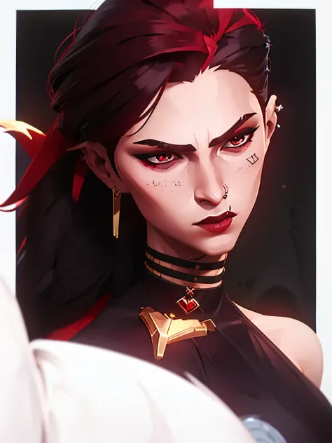 Uma Mulher de pele morena vampira, medium hair and red eyes gothic clothing, with a serious and sophisticated non-sexualized appearance with an ear piercing and with an elegant appearance 