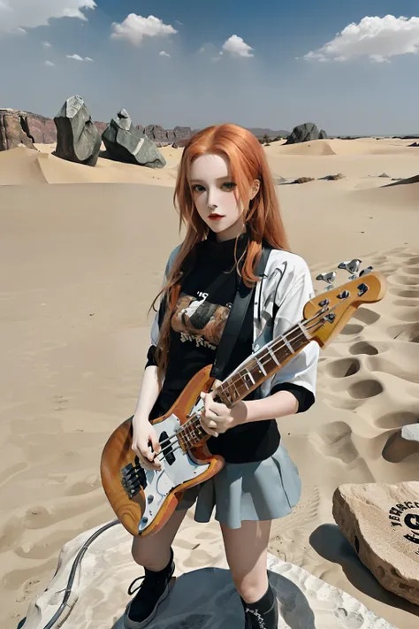 create an image of three young women, a blonde, a brunette, and a redhead, on top of a truck in a sand and stone desert, playing bass guitar and drums, in rock style, being seen from afar by wild wolves no blemishes on the face