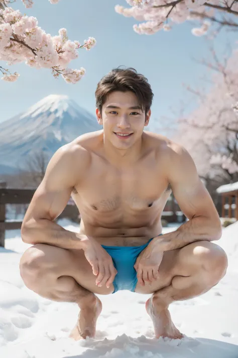 (one boy), (head shot), (squatting), (big male genitals under mens bikini),  one handsome muscular young boy, (Mt. Fuji with a lot of snow and many cherry Blossoms blooming, blue sky in the background), mischievous smile, (details: 1 1), natural muscles, h...