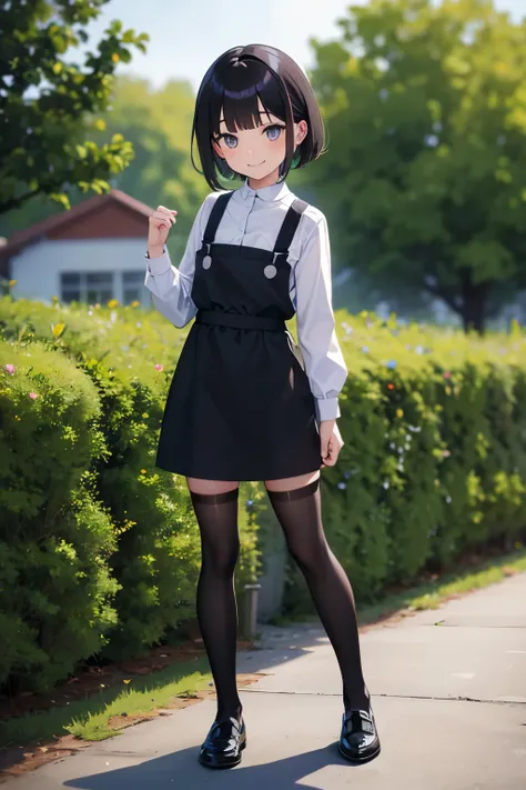 1boy, garden, short pinafore dress, ((black thigh-socks)), medium hair, blunt bangs, colorful hair, sharp outline, ((shota)),((small)), tobbler, smile, standing, lifting the skirt, best quality, masterpieceBest Quality, High resolution, Ultra-detailed, Ana...