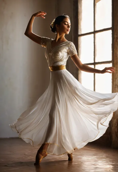 The image captures a moment of pure elegance and grace. O sujeito, uma jovem mulher, is in the middle of a dance, your body positioned in a dynamic pose that suggests movement and energy. She is adorned in a white dress, its golden details adding a touch o...