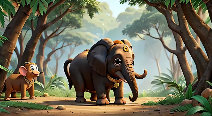 Emphasize the fun and mischief Raju experiences with elephant, bird, and monkey friends in the jungle. 