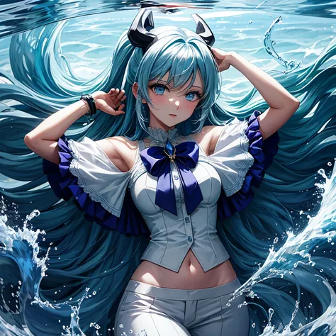 Title: "Anime Girl with Blue Long Hair and White Blouse and Pants, Devil Horns Accessory"

Description:
A captivating anime-style girl graces the frame with her enchanting presence, dressed in a simple yet elegant ensemble. Her long, flowing blue hair, aki...