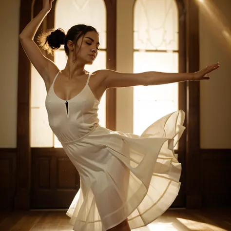 The image captures a moment of pure elegance and grace. O sujeito, uma jovem mulher, is in the middle of a dance, your body positioned in a dynamic pose that suggests movement and energy. She is adorned in a white dress, its golden details adding a touch o...