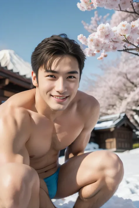 (one boy), (head shot), (squatting), (big male genitals under mens bikini),  one handsome muscular young boy, (Mt. Fuji with a lot of snow and many cherry Blossoms blooming, blue sky in the background), mischievous smile, (details: 1 1), natural muscles, h...