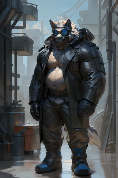 anthro wolf, detailed gas-mask, mechanical jawline, samurai mask , no eyes, eyes covered, blue eyes, wolf eyes, gas-mask face, m...