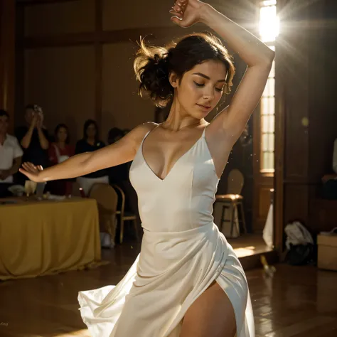 The image captures a moment of pure elegance and grace. O sujeito, uma jovem mulher, is in the middle of a dance, your body positioned in a dynamic pose that suggests movement and energy. She is adorned in a white dress, its golden details adding a touch o...