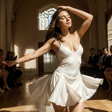 The image captures a moment of pure elegance and grace. O sujeito, uma jovem mulher, is in the middle of a dance, your body positioned in a dynamic pose that suggests movement and energy. She is adorned in a white dress, its golden details adding a touch o...