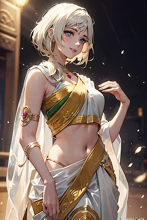 deadlock, anime style woman, clear skin, white pale hair, beauty, side profile, smiling, kind smile, wearing a saree, saree side...