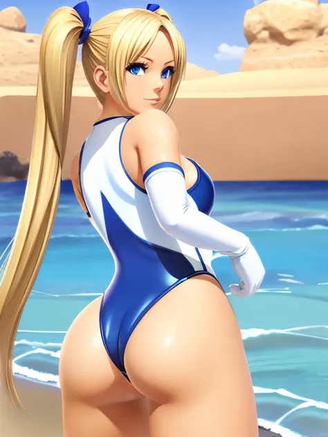 adjusting swimsuit,anus,ass,blonde hair,blue swimsuit,elbow gloves,female,gloves,long hair,pussy,solo,swimsuit,twintails,white gloves