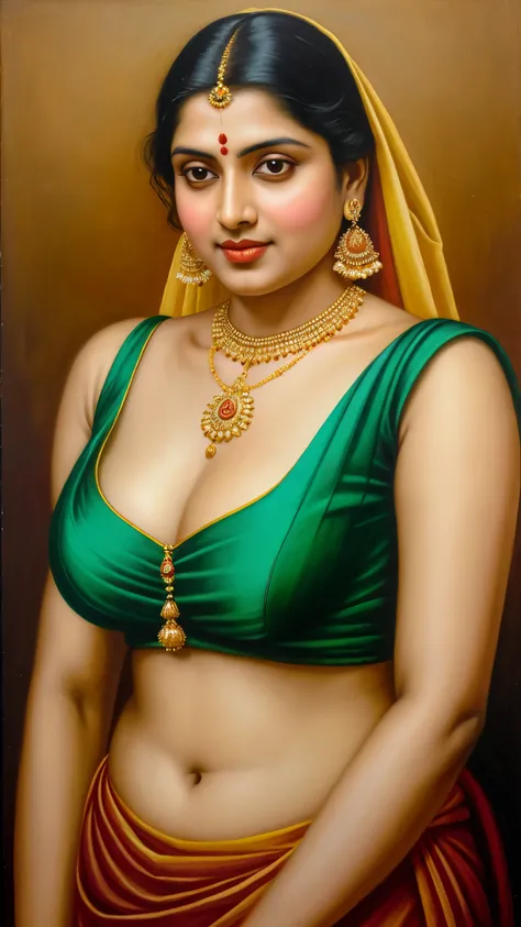 painting of a woman in a sari with a necklace and earrings, inspired by Raja Ravi Varma, szukalski ravi varma, portrait of a beautiful goddess, by Raja Ravi Varma, indian goddess, traditional beauty, a stunning portrait of a goddess, inspired by T. K. Padm...