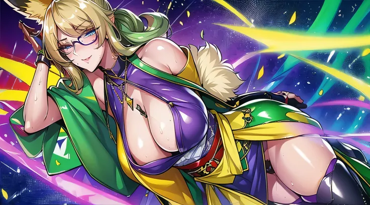 masterpiece、highest quality、NSFW、1girl , solo , huge breasts、deep cleavage、light green hair、ponytail、fox ears、brightly colored eyes、blue eyes、black glasses、green kimono、light purple long hakama、brown leather jacket、leather boots、flashy necklace、charm、Wet、f...