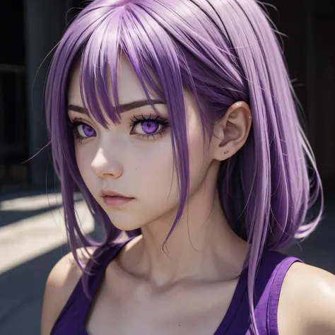 Strong purple haired anime girl with pastel purple highlights, ojos verdes,piel blanca