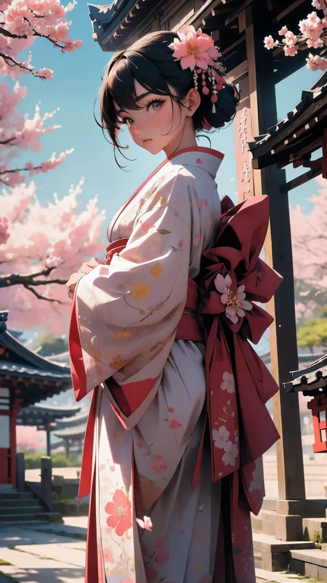 (best quality,4k,8k,highres,masterpiece:1.2), A picturesque scene featuring a beautiful Japanese woman, in her 20s, wearing a traditional Kimono. She is of East Asian descent with her hair styled neatly. The backdrop includes an ancient temple indicative o...