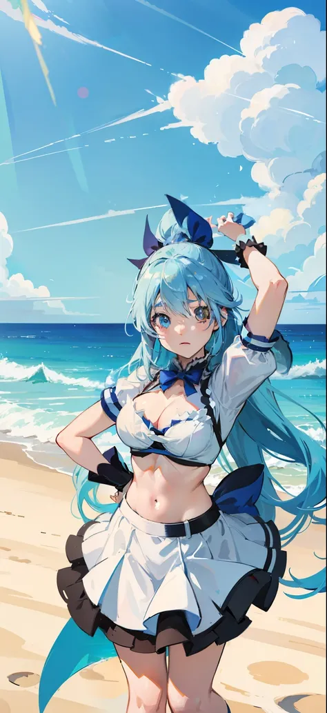 Two-dimensional anime girl, I will keep this matter, sky blue, aqua of konosuba, Azure Lane style, sky blue blue, Anime cute art style, Hestia, Highly detailed official artwork, sky blue眼睛, Breast size is 36D，little loli，bikini，Clothing does not refer to p...