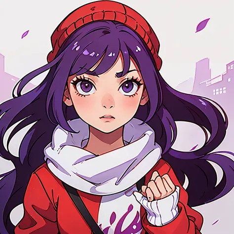 A 14 years old girl with a red knit hat and purple hair 