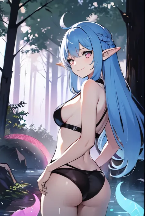 1girl, front view, looking at camera, straight hair, pink eyes, blue hair, medium breast,  masterpiece, best quality , on the forest, dreamy, sexy, colorful, thighs, flat color, smiling, nice ass, colorful, lights, shadows, elf, 