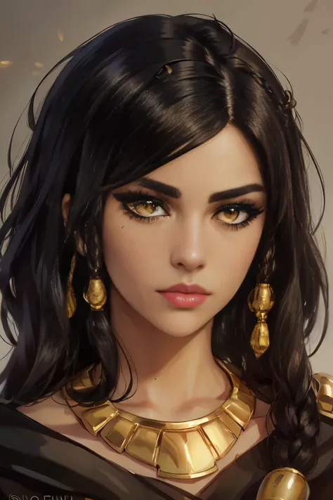 hyper realistic portrait shot of a beautiful egyptian queen, looking down proudly on the camera with her (expressive yellow eyes), tanned skin tone , thin nose, thick kissable parted lips , (black blunt bob hair with braided bangs), golden accessories and ...