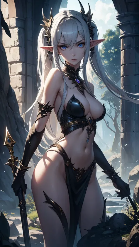 (highres,extremely detailed)A fragile elven girl with a slender and beautiful body holds a huge two-handed hammer(with spikes)that emits an otherworldly light. Her face is resembling that of a European top model, which is beautiful and detailed. Her long, ...