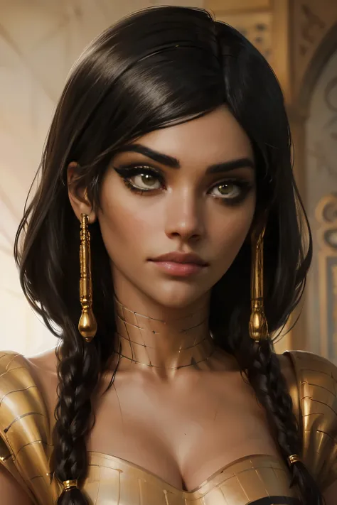 hyper realistic portrait shot of a beautiful egyptian queen, looking down proudly on the camera with her (expressive yellow eyes), tanned skin tone , thin nose, thick kissable parted lips , (black blunt bob hair with braided bangs), golden accessories and ...