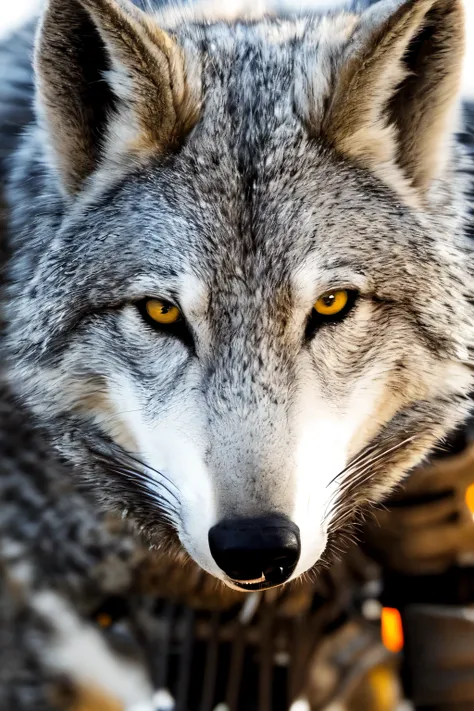 um lobo em chamas brancas, com uma armadura vermelho sangue e detalhes dourados. the eyes will be black and white, changing tone...