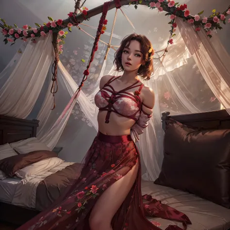 1girl,(bright lighting,romantic setting),dreamy background,,dark hair, mesmerizing gaze, , soft skin, alluring beauty, artistic portrait, high-quality image, vibrant colors,long red floral satin skirt, mosquito net, romantic bedroom, sidesuspension,solobou...