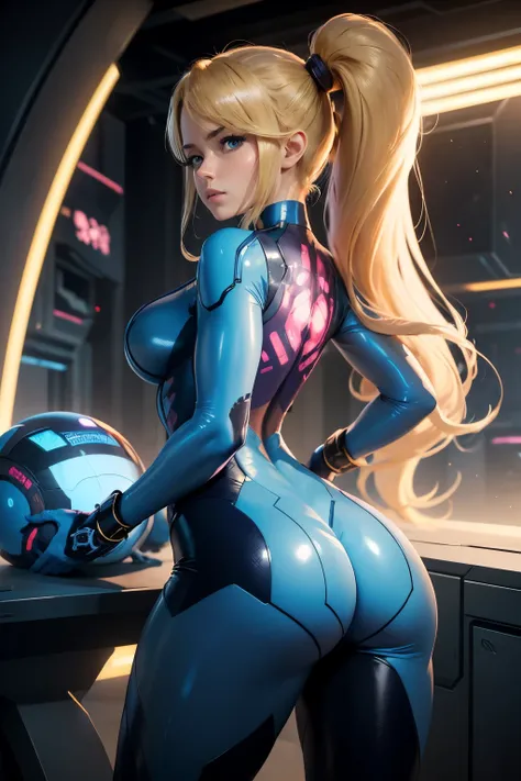 (masterpiece), best quality, expressive eyes, perfect face, highres, (8k), (perfect face), (ultra details), 1 girl, solo, samus aran, ponytail, hair tie, blue gloves, blue bodysuit, body-tight suit, spacecraft background, standing, big butt, portrait, from...