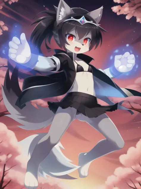 furry girl, wolf, black hair, punk hairstyle, long spiky ponytail, anime style, small breasts, red eyes, ((princess tiara, black jacket, open clothes, black bikini, black skirt)), navel, high quality, detailed body, detailed eyes, detailed face, masterpiec...