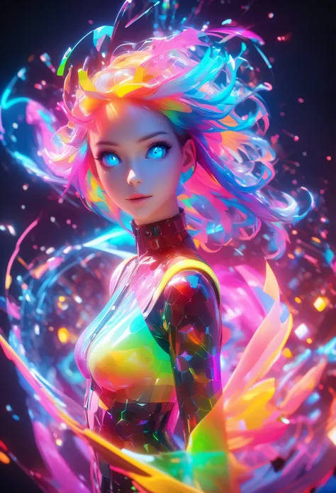 holography, draw in neon colors:1 girl:future, transparent, three dimensions, light, sf, digital art, digital, scientific, dark ...