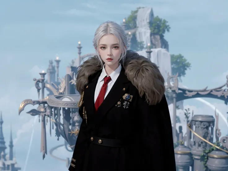 il y a une femme en manteau noir et cravate rouge, portant un costume noble noir, female character, robes de mage des nuages, délicat prince androgyne, lunar themed outfit, lineage revolution style 2, portant un manteau sur une plaine foudroyée, very detai...