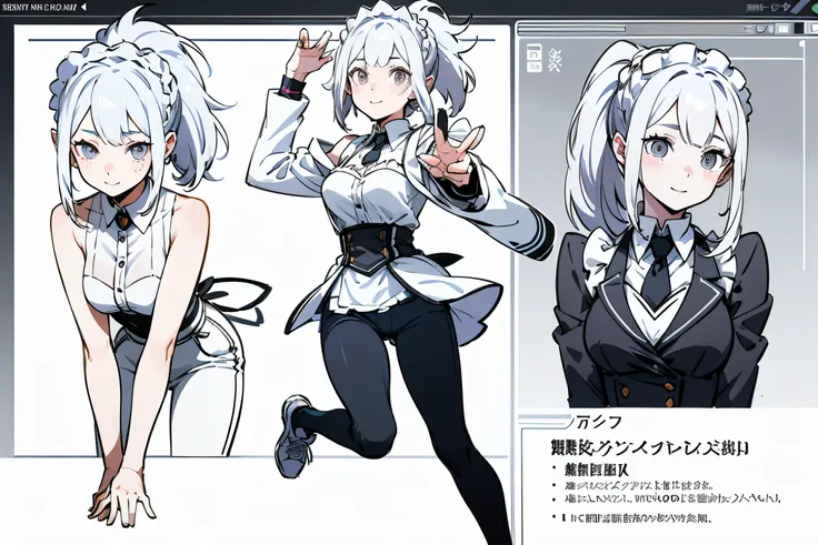 Remix Hints Copy hints highest quality, Detailed face, Character Sheet,(((Young woman:1.5))), ((whole body:1.2)), Full of details, Multiple postures and facial expressions, very detailed, Depth, 1 Young woman, without bangs, (white ponytail hair, Gray sexy...