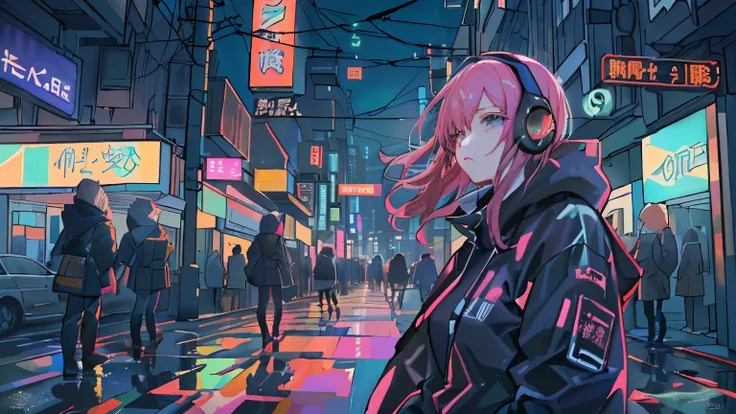 masterpiece,anime-style illustration showing a young woman in her 20s wearing a black hoodie, facing right, stand in the middle ...