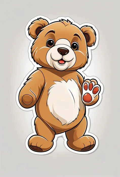 (Best quality)), ((Meisterwerk)) a vector graphic for a t-shirt design of a cute teddy bear in light brown raising a paw that is cute and cuddly. background white, Comic-Style, Sticker