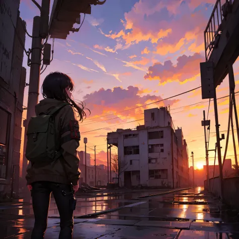 ８K, highest quality, A ruined factory, a wasteland, a girl traveling, carrying a backpack, a fantastic sunset