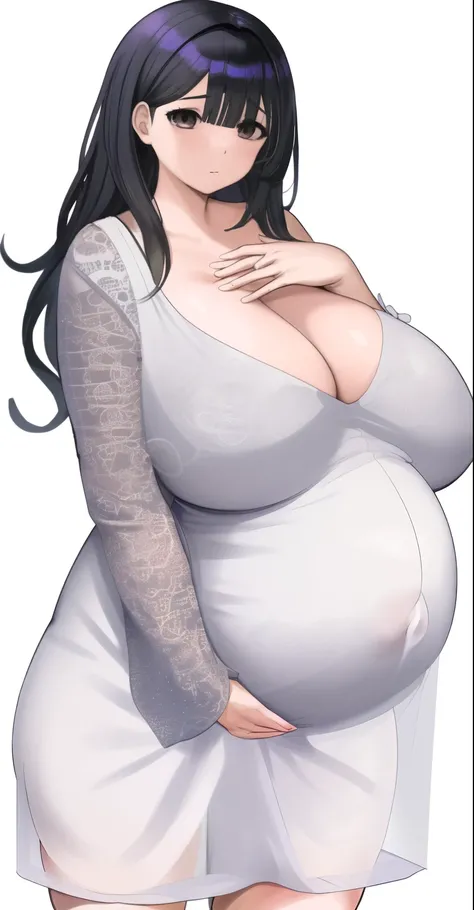 a pregnant woman in a dress, Oppai, Oppai proportions, com seios grandes, com seios grandes, fanart de marin kitagawa, ela tem uma barriga redonda e gorda, hinata hyuga,pregnant belly, seios grandes!, corpo inteiro altamente detalhado